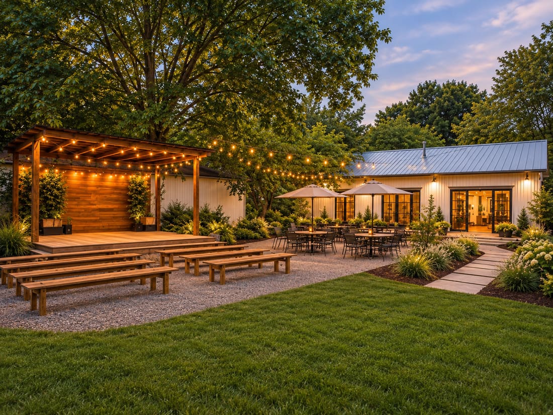Rendering of the back yard with an outdoor stage and string lights