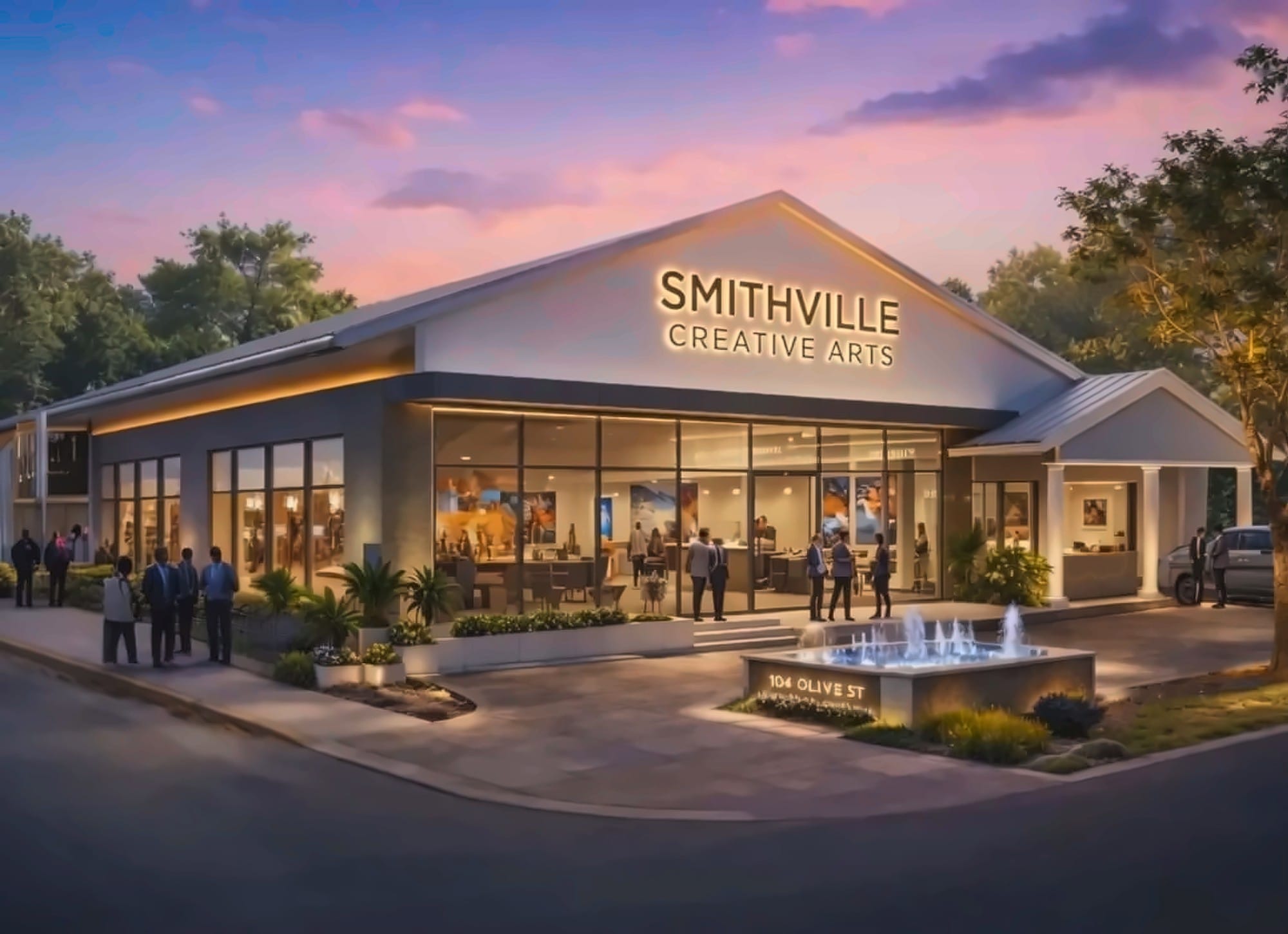 Smithville Creative Arts building exterior at dusk, 104 Olive St