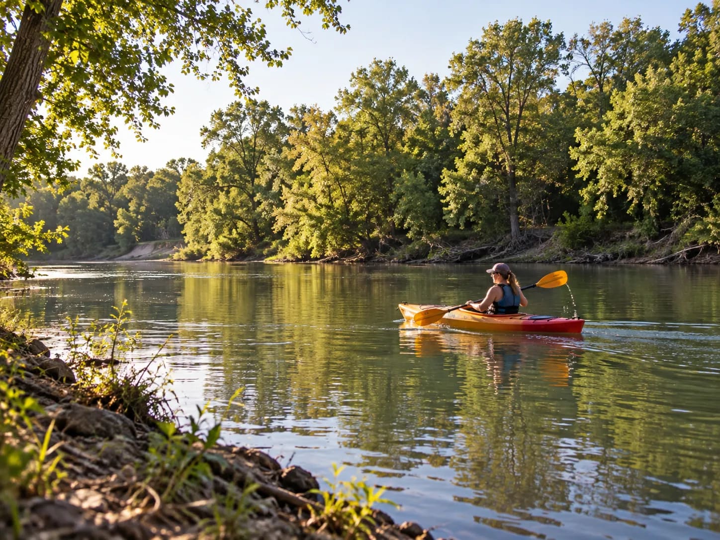 A kayaker paddling a tree-lined river near Smithville in late-afternoon light