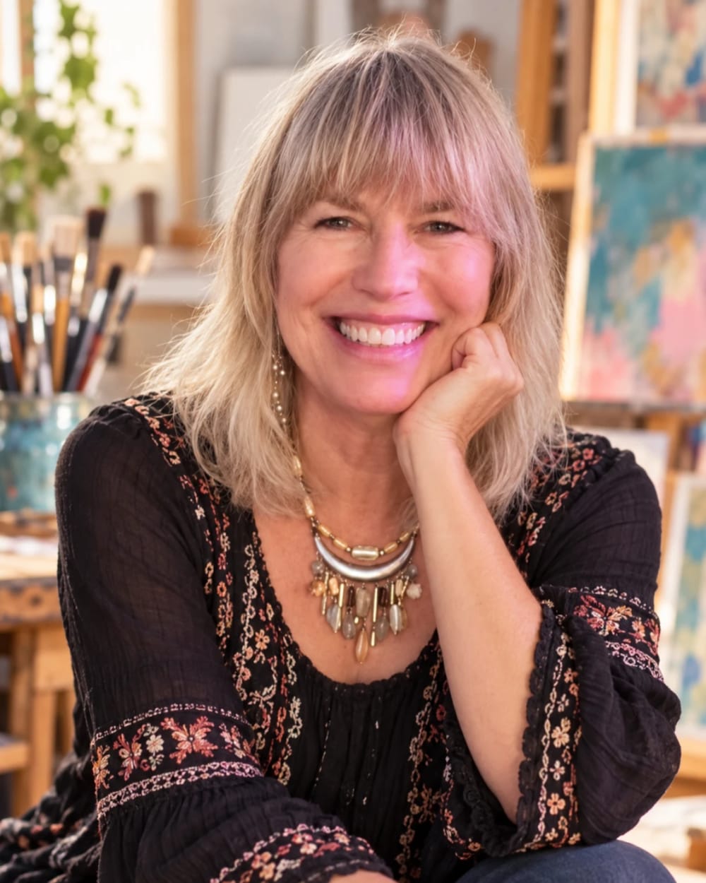 Sara Hickman, founder of Smithville Creative Arts, smiling in an art studio