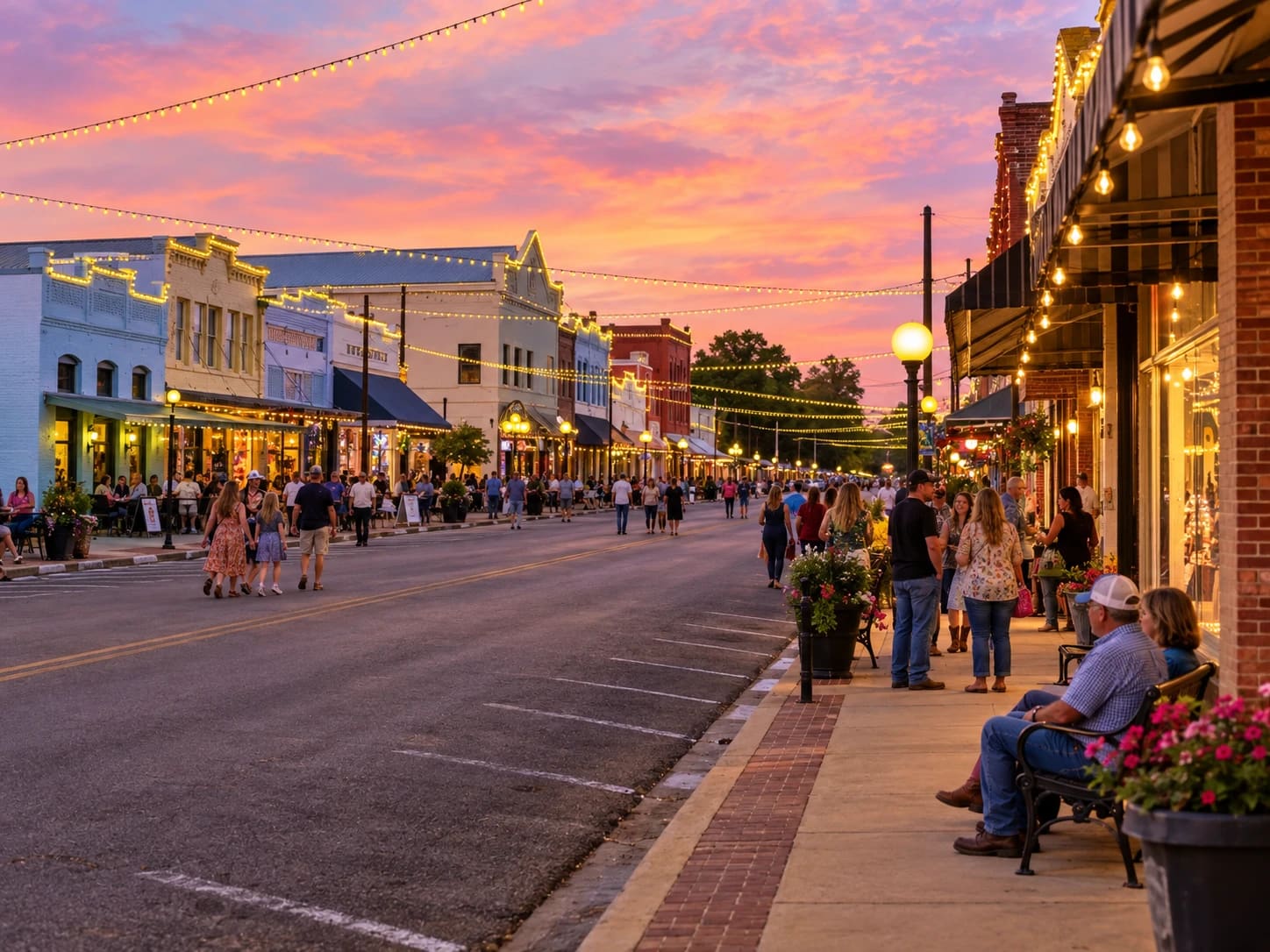 Downtown Smithville at sunset, with string lights over Main Street and people on the sidewalks