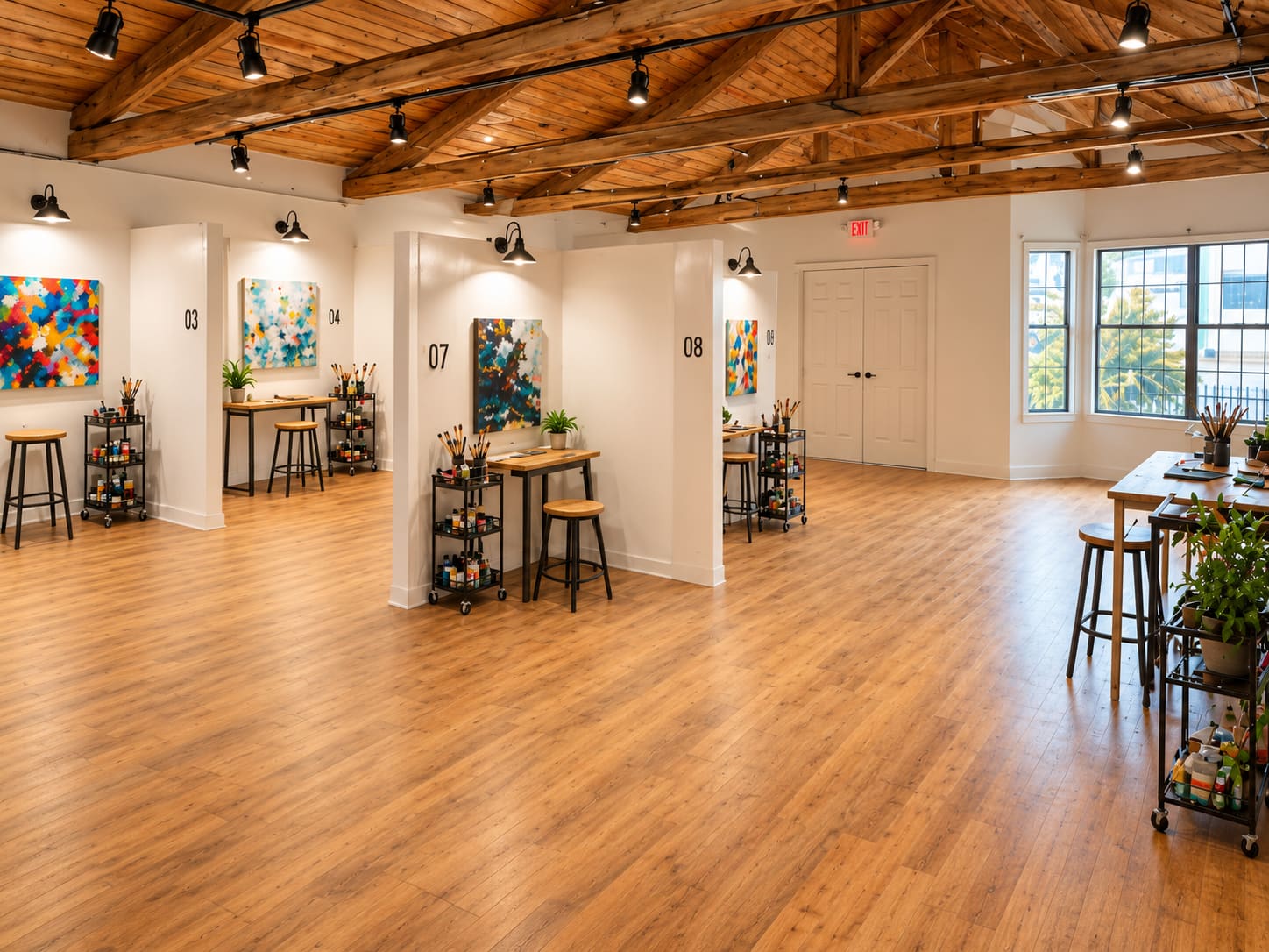 Rendering of open artist studio spaces with wood floors and art on the walls